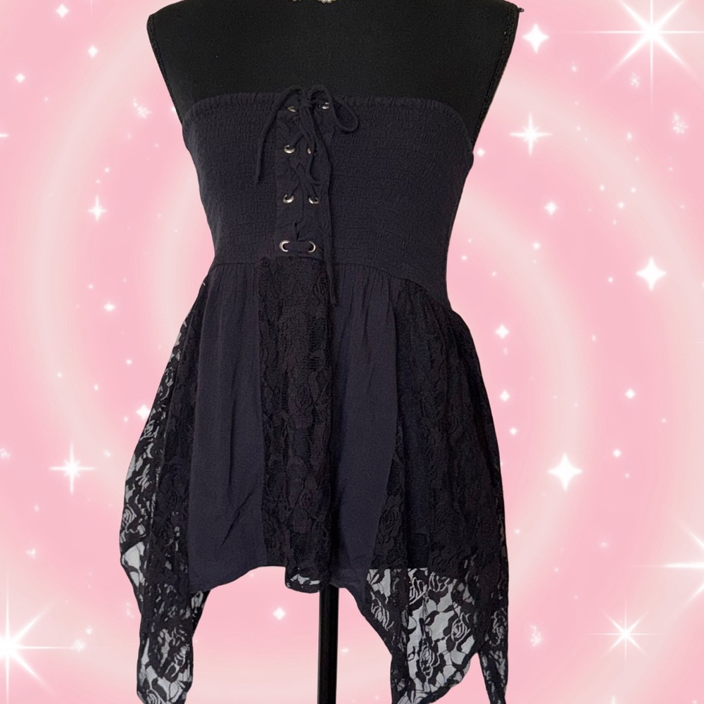 Venus Black Fairy Goth Tube Top With Asymmetric Lace Hem Size Large